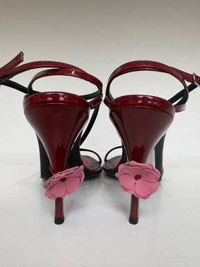 Magda Butrym Burgundy Leather Strappy Heeled Sandal with Pink Floral Applique, 41