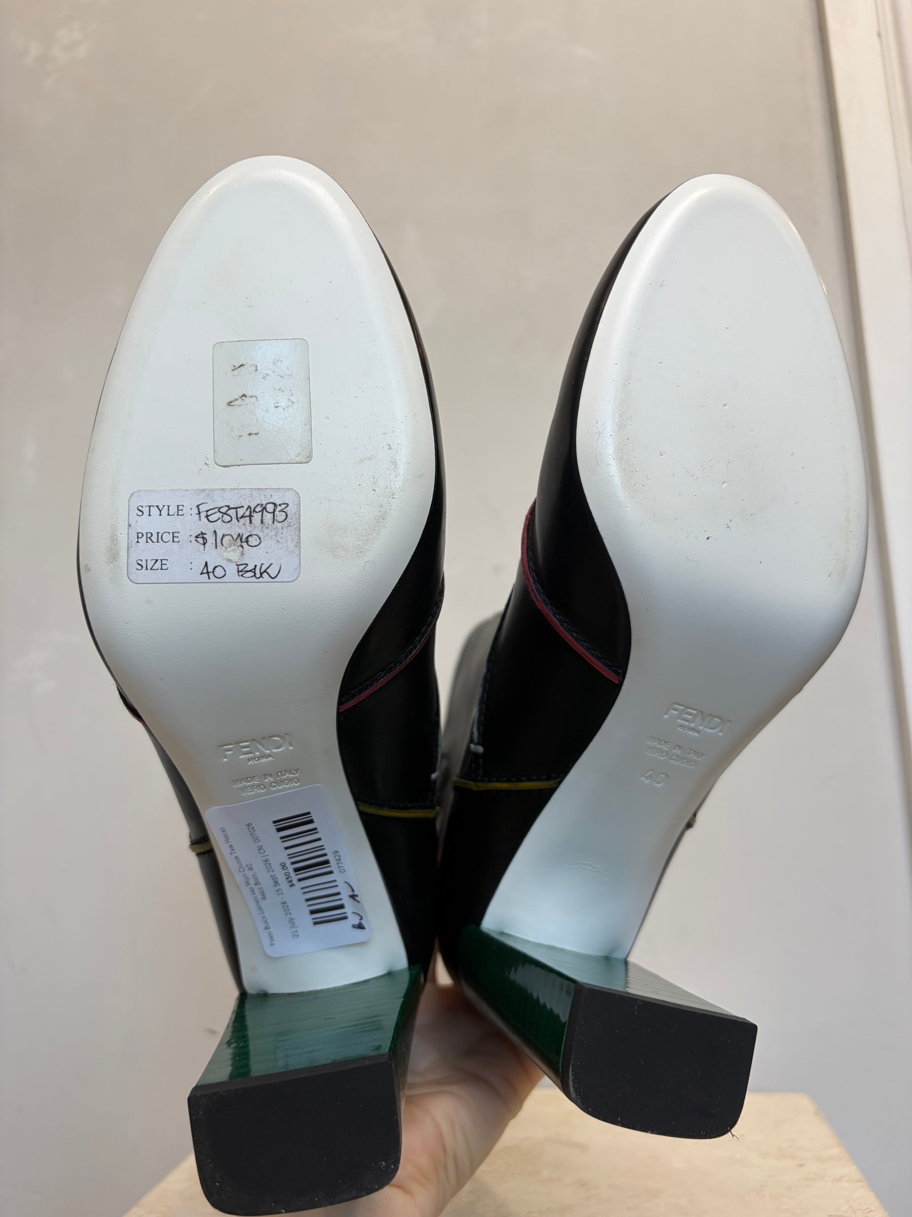 Fendi Black Leather and Multi Colour Trim Heeled Ankle Boot, 40
