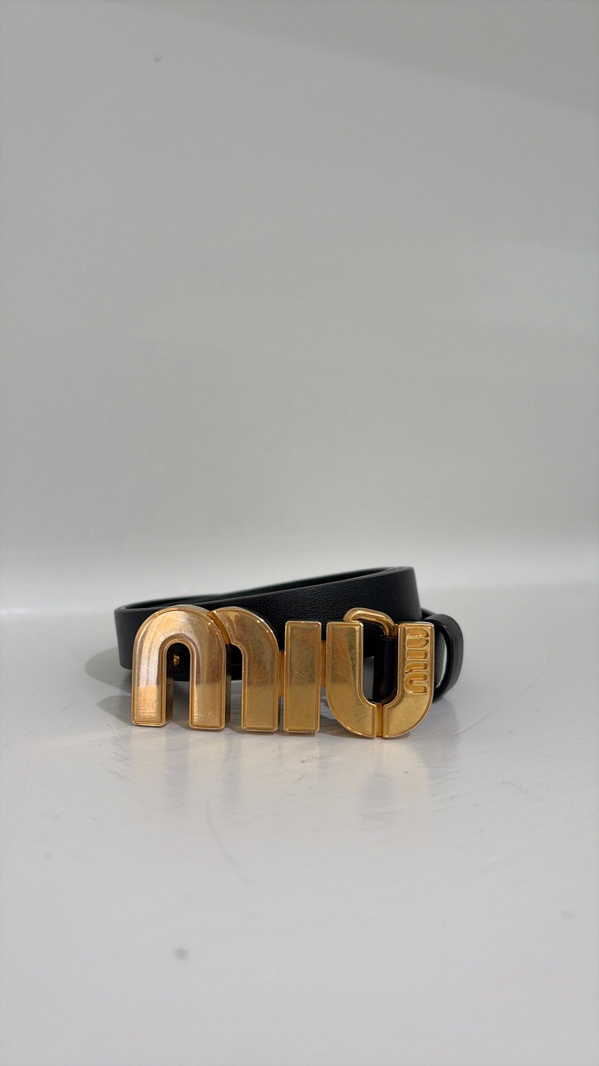 Miu Miu Black Leather Belt With Gold Logo Hardware, 34/85