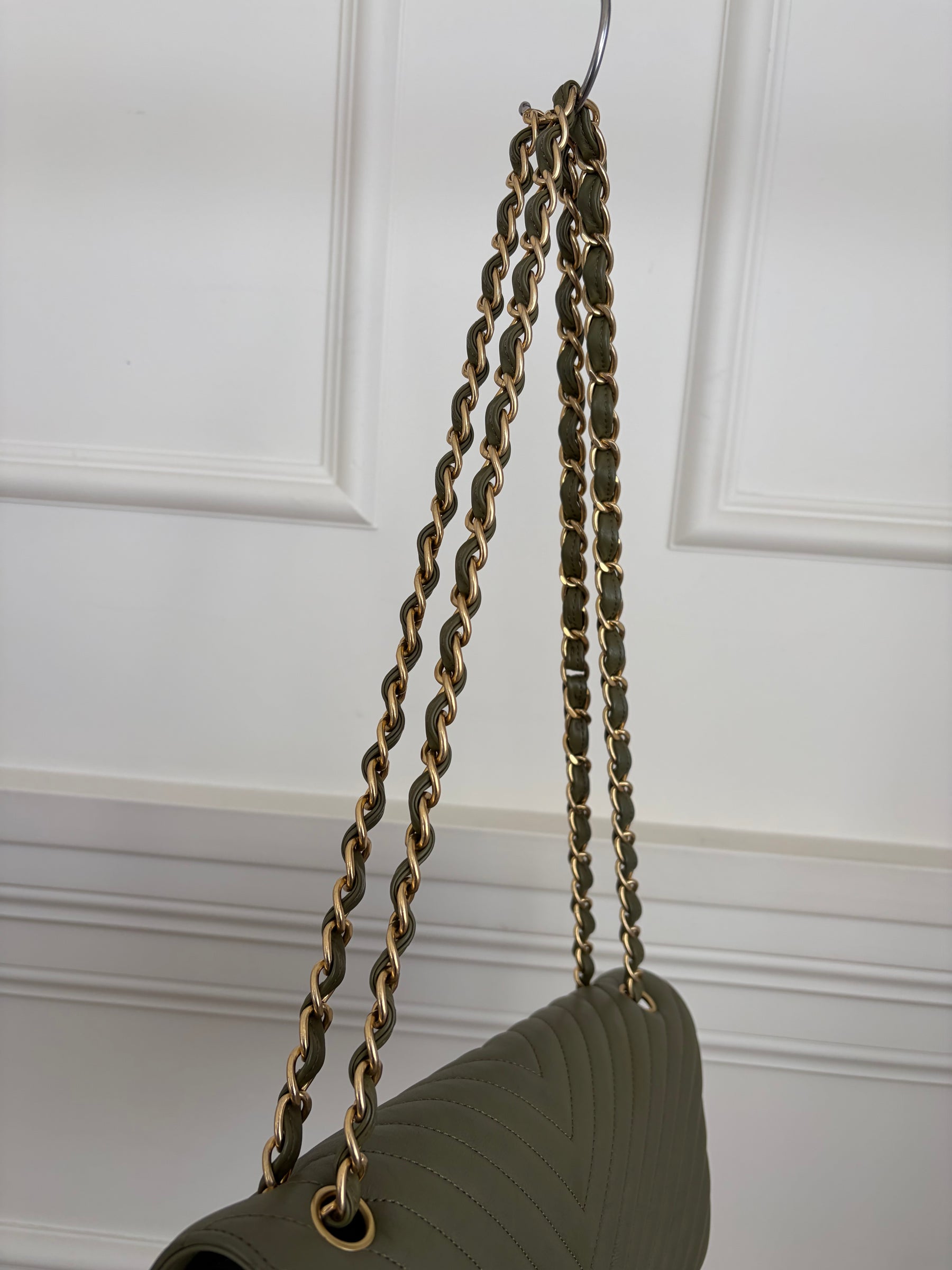 Chanel Khaki Chevron Quilted Leather Jumbo Double Flap