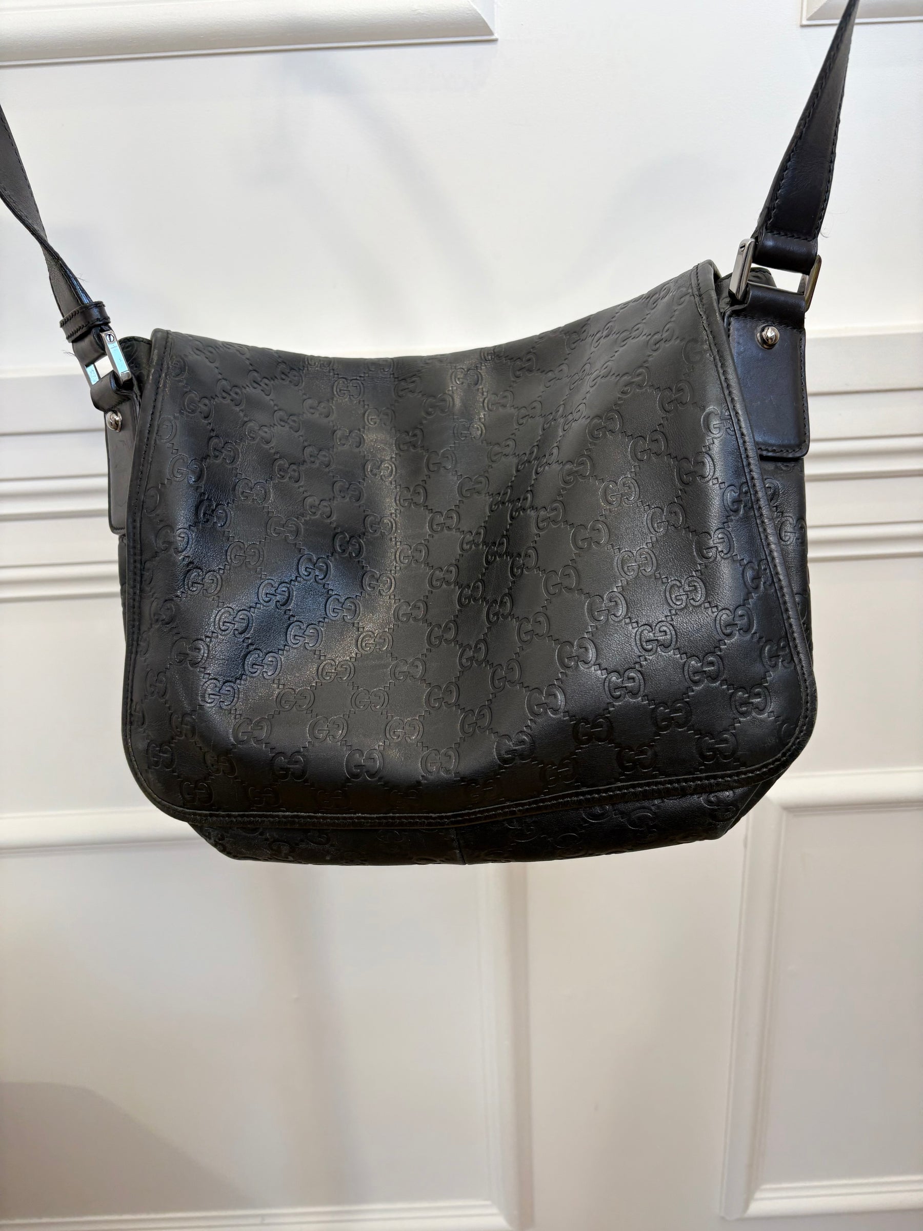 Gucci Black Monogram Embossed Leather Satchel Bag