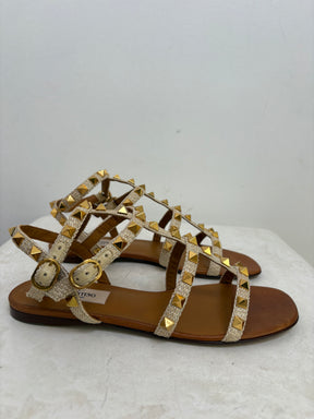 Valentino Garavani Natural Raffia Rockstud Caged Sandals, 36