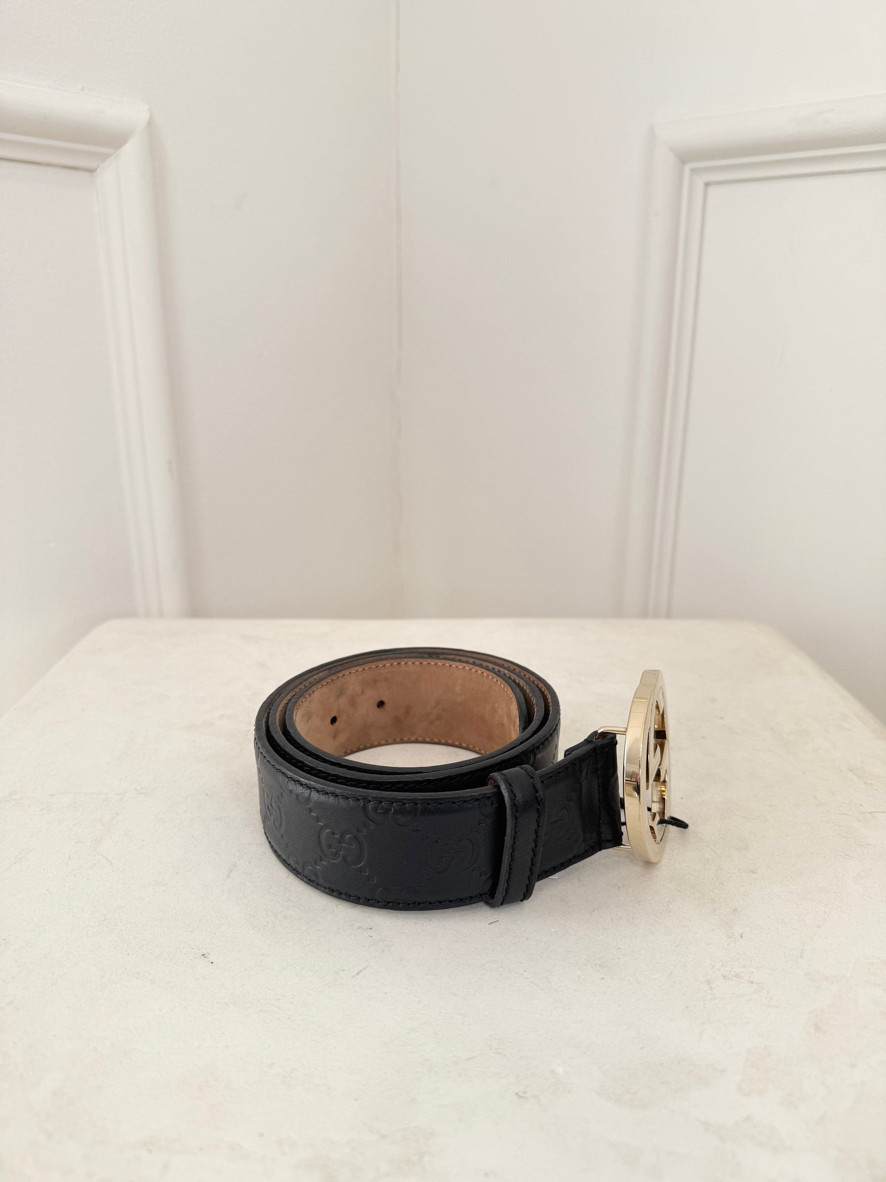 Gucci Black Monogram Gold Buckle Belt