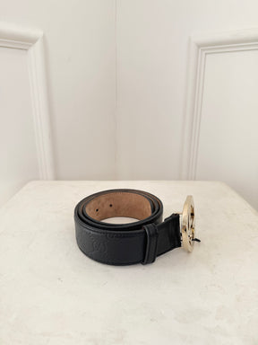 Gucci Black Monogram Gold Buckle Belt