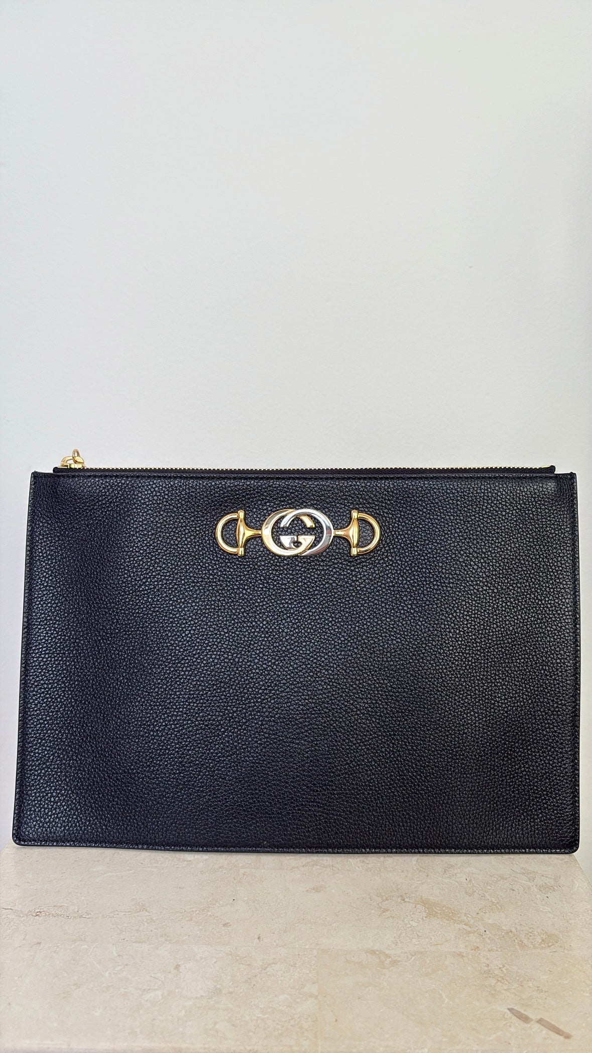 Gucci Black Grained Leather Zumi Logo Pouch
