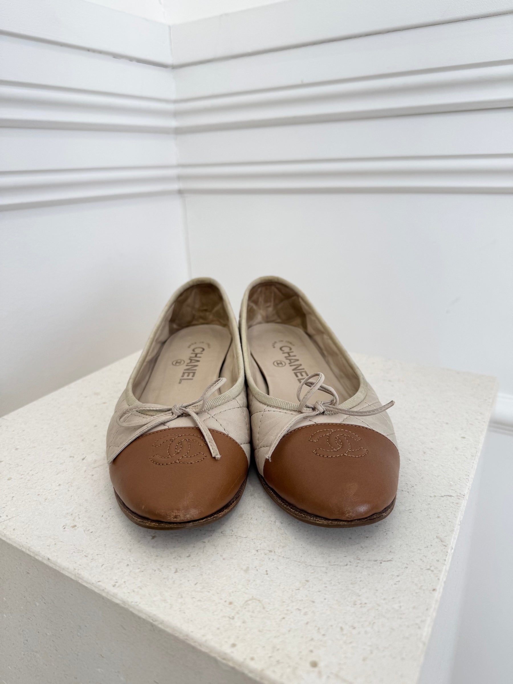 Chanel Beige and Tan Quilted Ballet Flats, 37