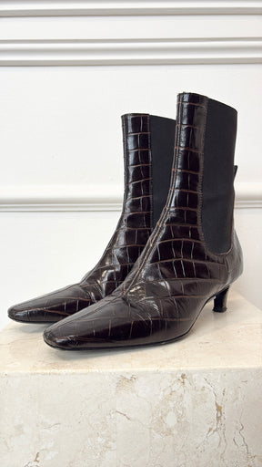 Totême Brown Mock Croc Leather ankle Boots, 36