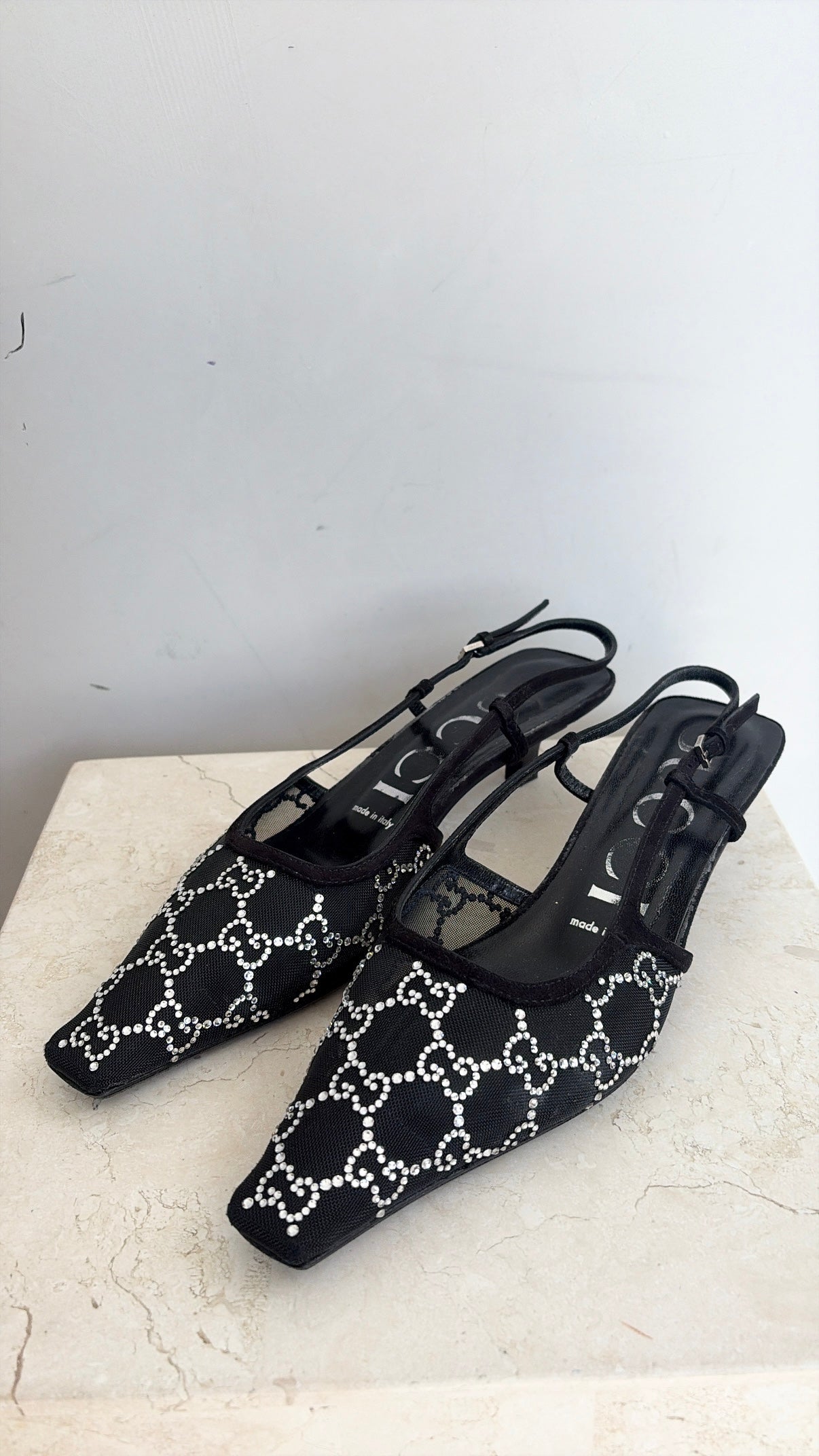Gucci Black Crystal Monogram Mesh Slingback, 38.5