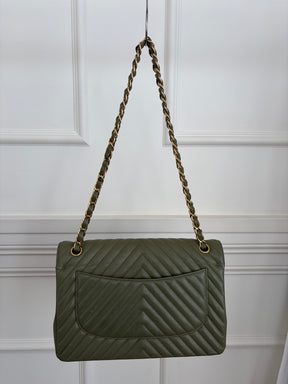 Chanel Khaki Chevron Quilted Leather Jumbo Double Flap