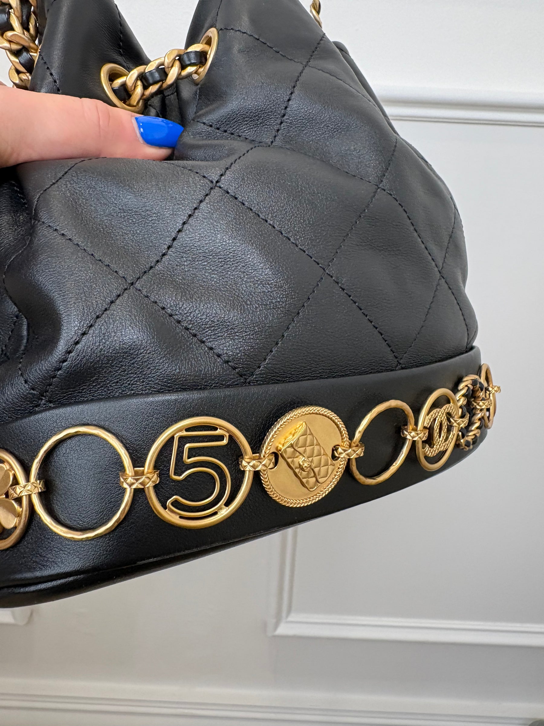 Chanel Black Lambskin Leather Charm Bucket Bag