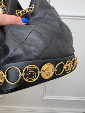 Chanel Black Lambskin Leather Charm Bucket Bag