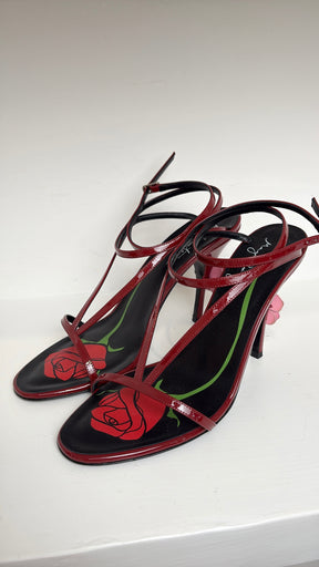 Magda Butrym Burgundy Leather Strappy Heeled Sandal with Pink Floral Applique, 41