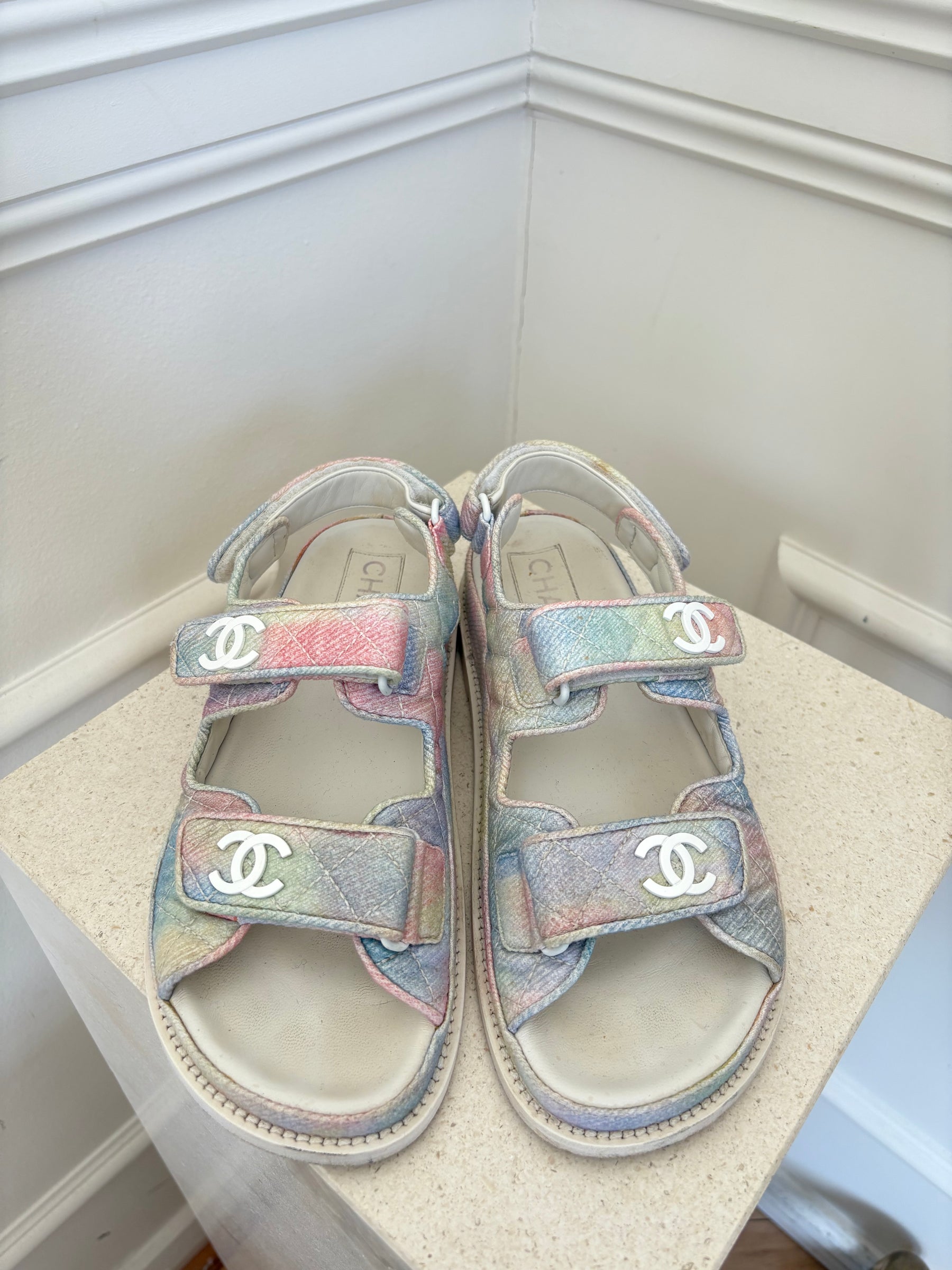 Chanel Pastel Canvas Logo Dad Sandals, 38