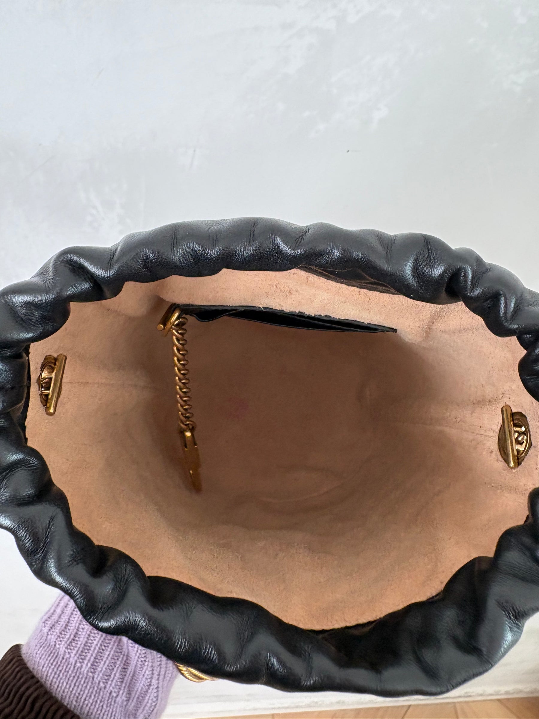 Gucci Black Chevron Leather Mini Marmont Bucket