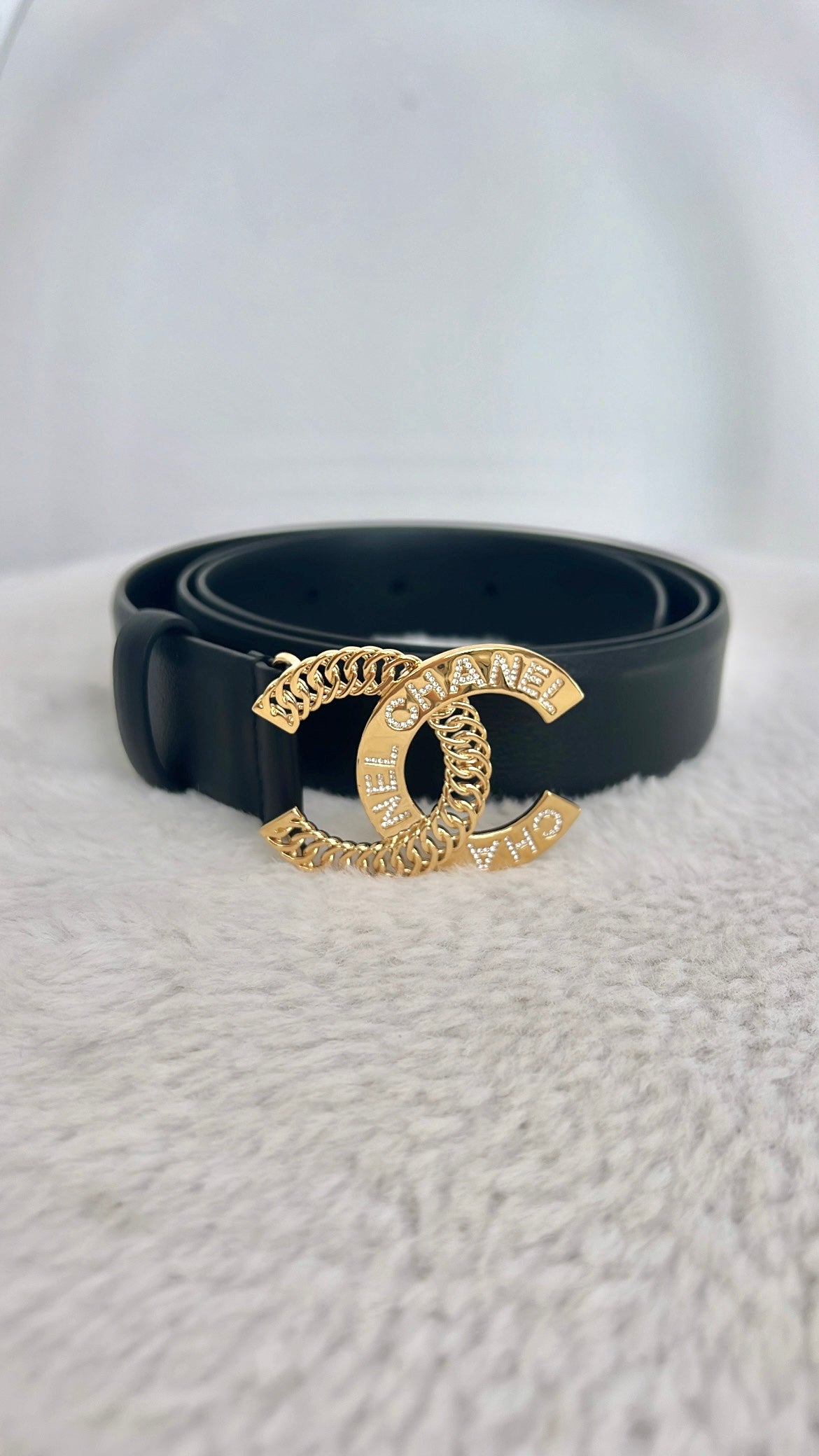 Chanel Black Leather Gold CC Buckle Belt, size 90cm
