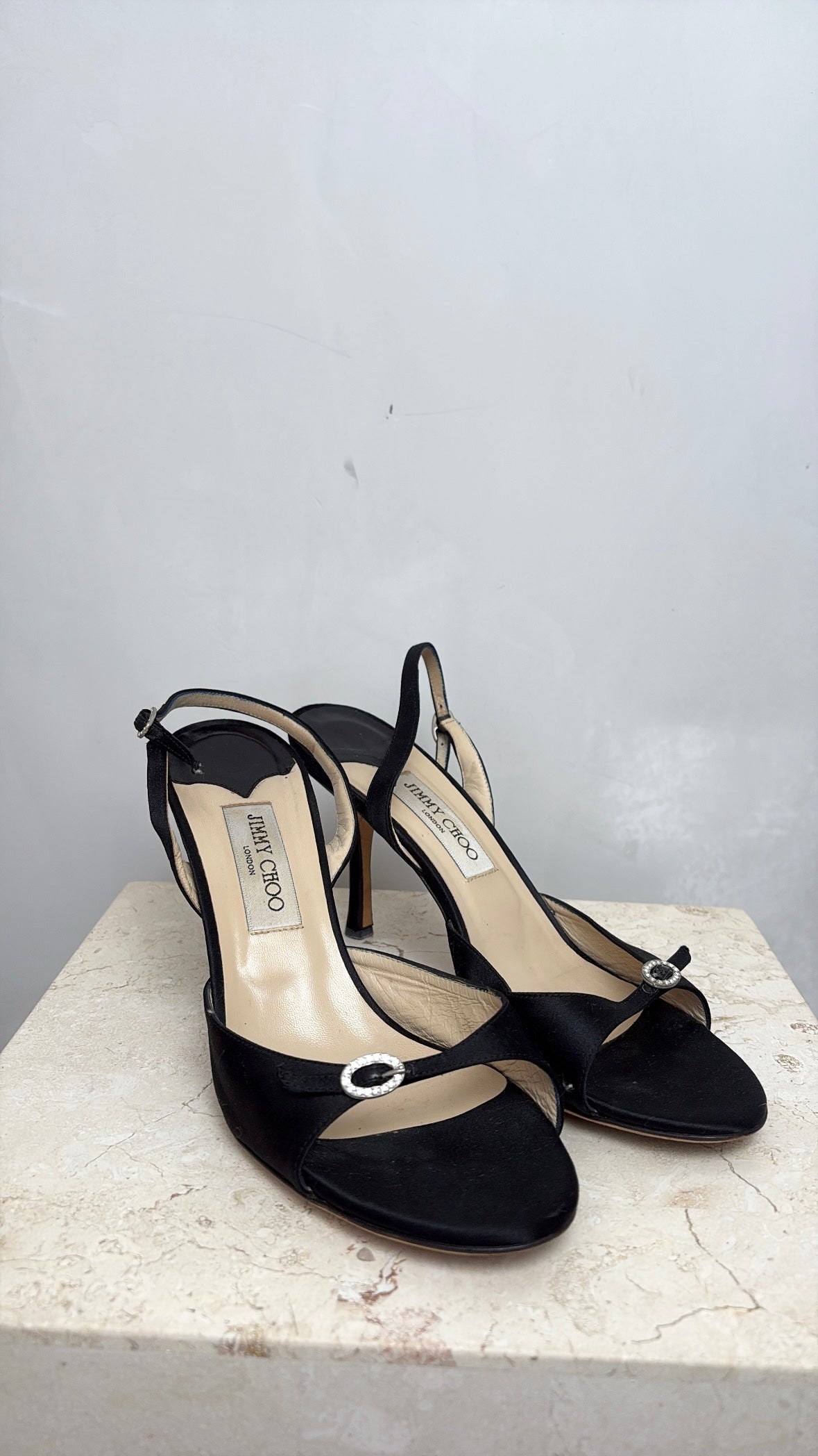 Jimmy Choo Black Satin Sling Back Heels With Crystal Detail, 41