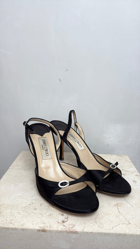 Jimmy Choo Black Satin Sling Back Heels With Crystal Detail, 41