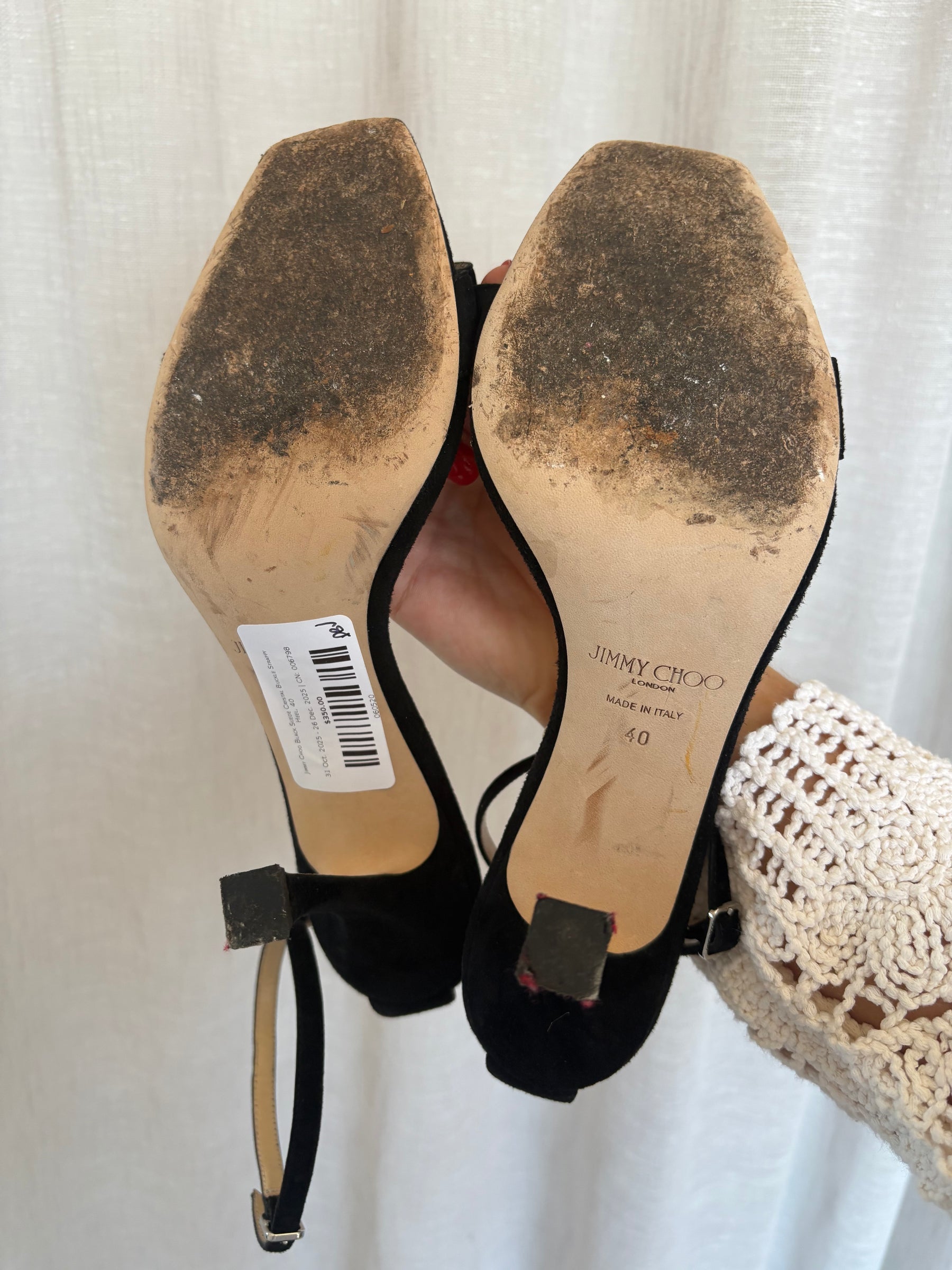 Jimmy Choo Black Suede Crystal Buckle Strappy Heel, 40