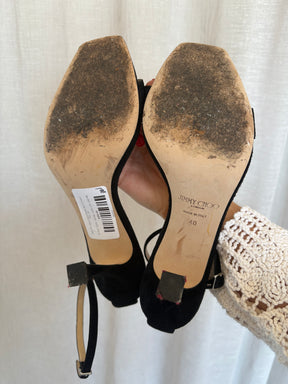 Jimmy Choo Black Suede Crystal Buckle Strappy Heel, 40