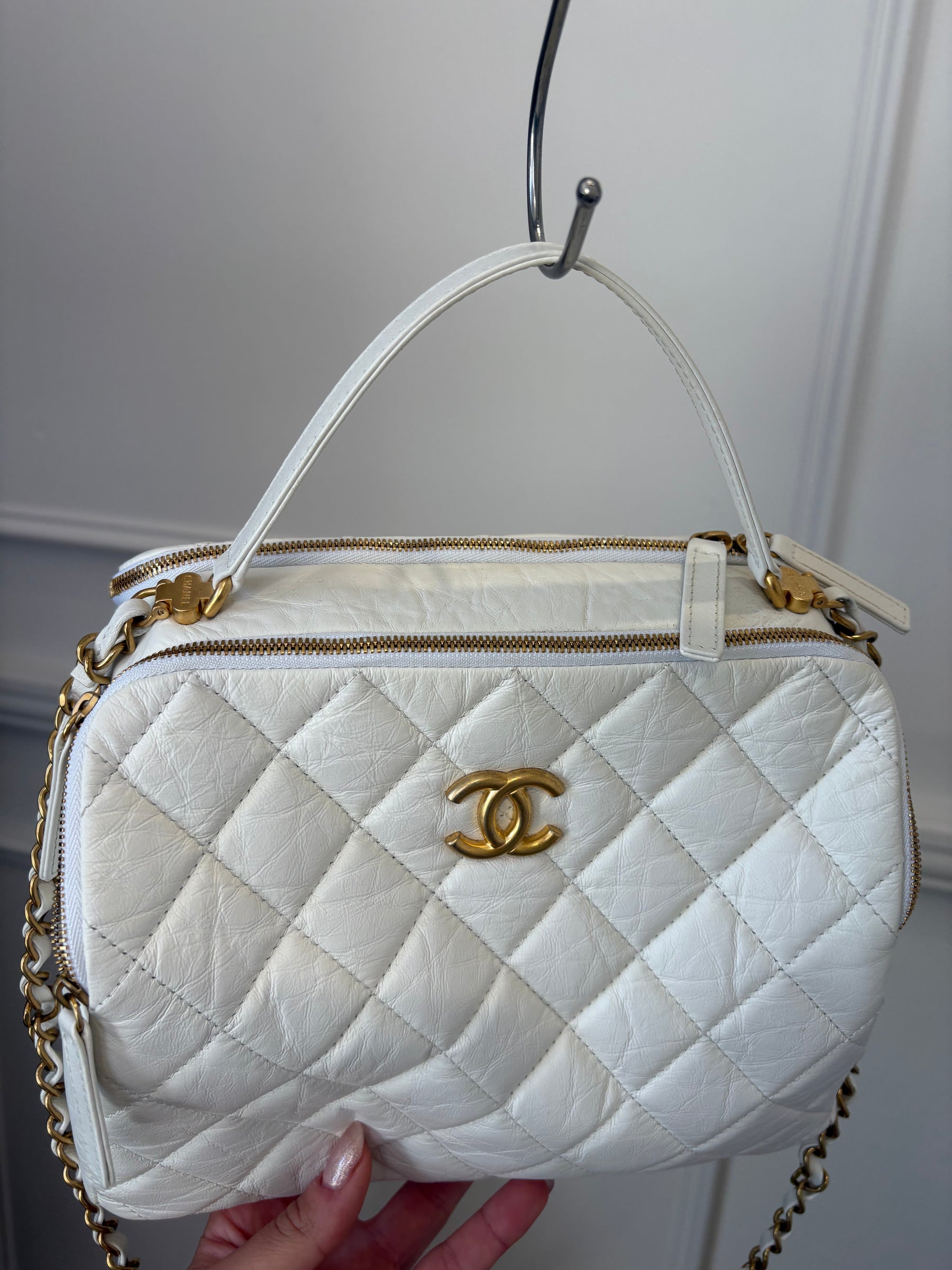 Chanel White Lambskin Leather Retro Spirit Bowling Bag