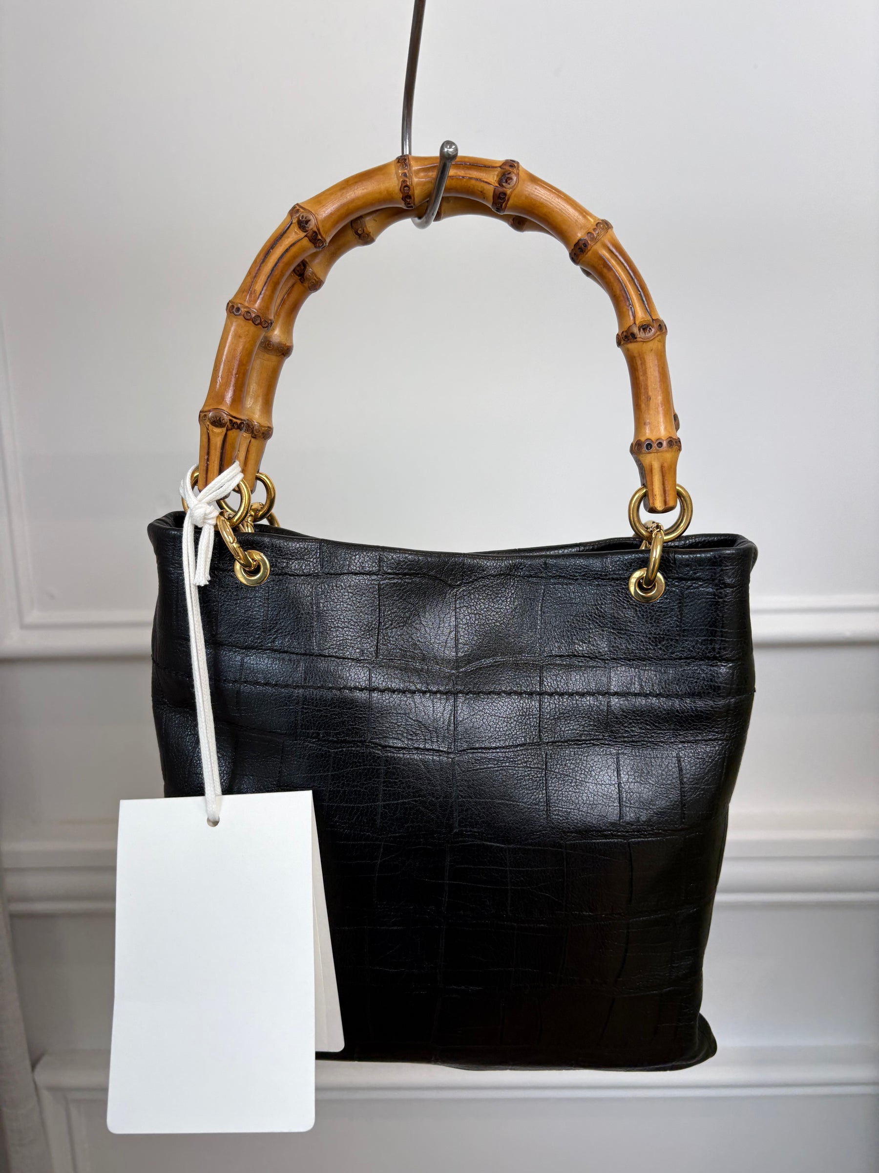 Jil Sander Croc Embossed Bamboo Shopper Black, Small