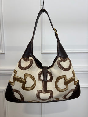 Gucci Dark Brown Leather and Canvas Horsebit Print Jackie