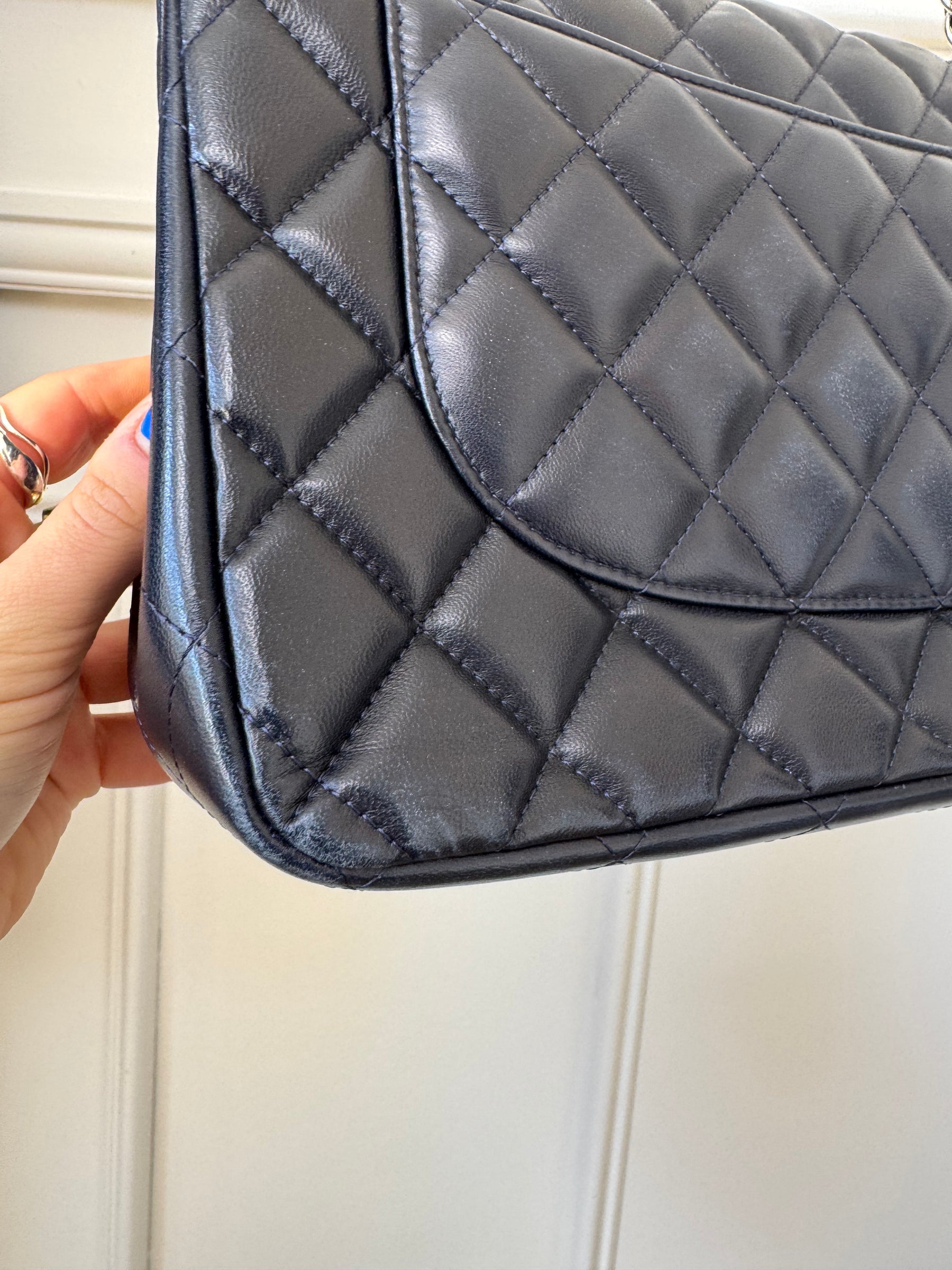 Chanel Navy Lambskin Leather Jumbo Double Flap with Silver Hardware