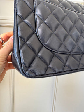 Chanel Navy Lambskin Leather Jumbo Double Flap with Silver Hardware