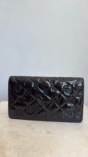 Chanel Black Patent 'Lucky Symbols' Embossed Flap Wallet