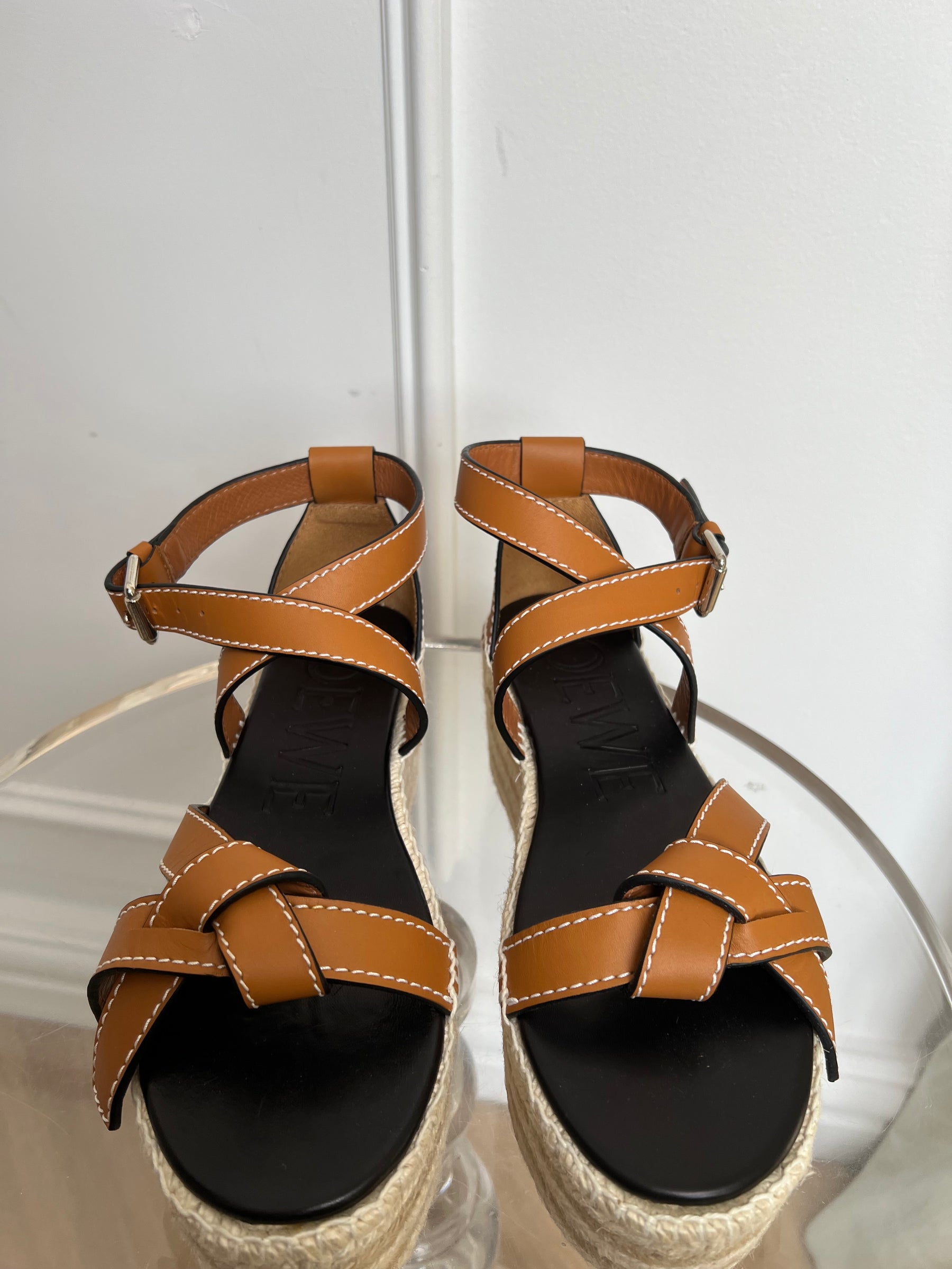 Loewe Tan Leather Gate Wedge Espadrille Sandals, 41