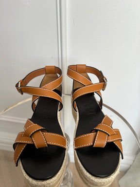 Loewe Tan Leather Gate Wedge Espadrille Sandals, 41