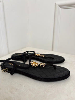 Chanel Black Suede Floral CC T Bar Sandals, 38.5