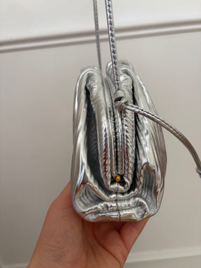 Bottega Mini Cross Body Crinkle Leather Pouch In Silver