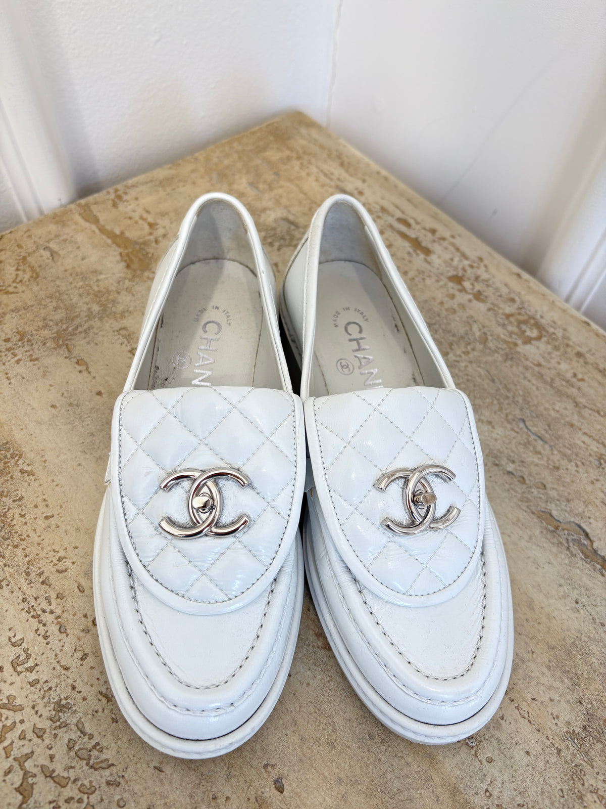 Chanel White Patent Leather Turn Lock Loafer, 35C