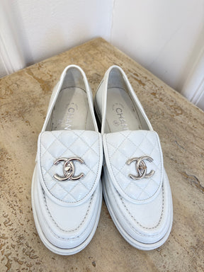 Chanel White Patent Leather Turn Lock Loafer, 35C