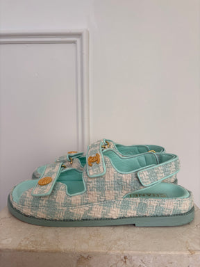 Chanel Mint and White Tweed Dad Sandals, 39.5C