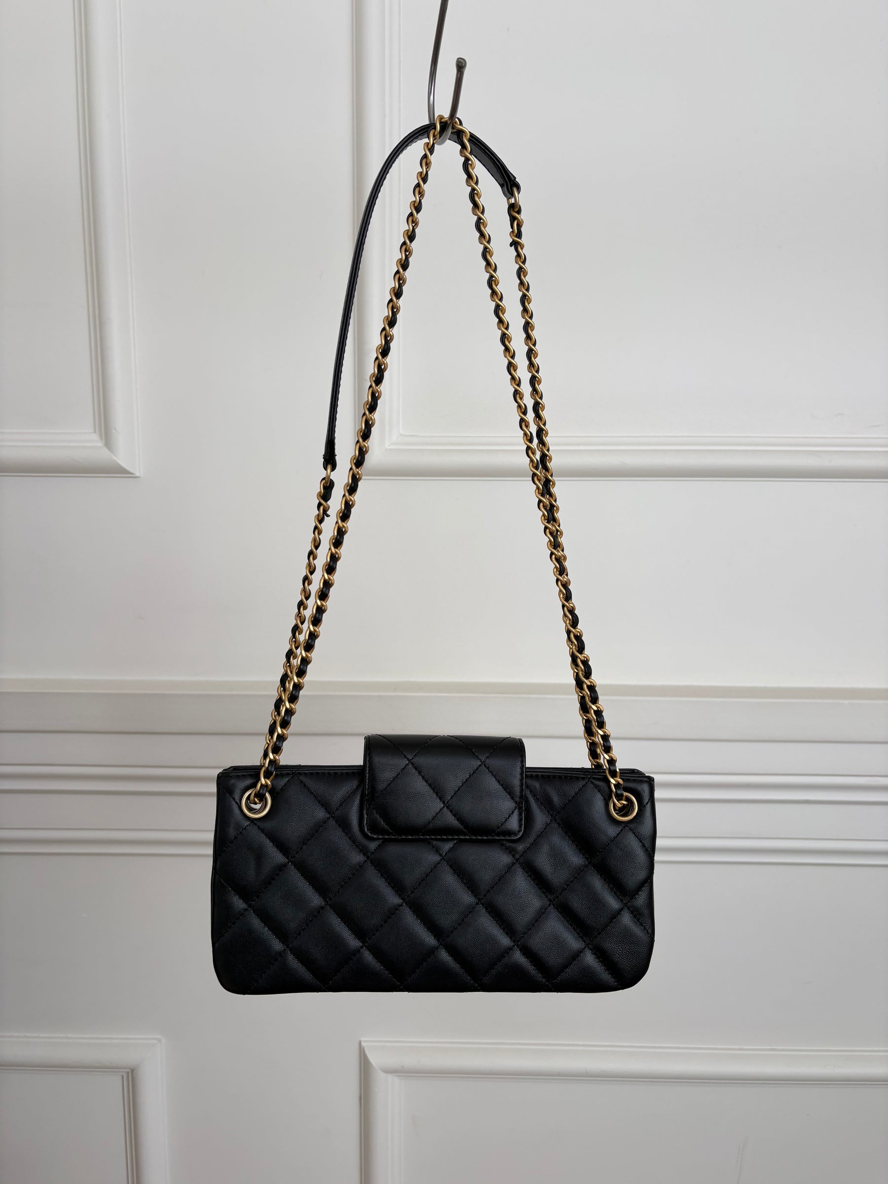 Chanel Black Leather Logo Clutch with Chain