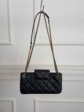 Chanel Black Leather Logo Clutch with Chain