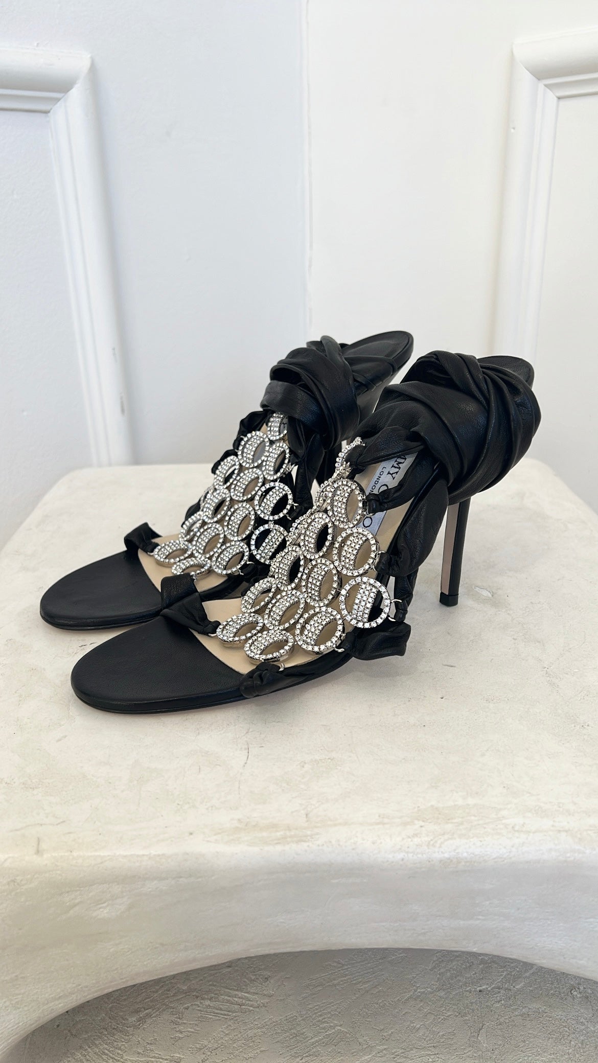Jimmy Choo Black leather Crystal Embellished Ankle Tie Heels, 41