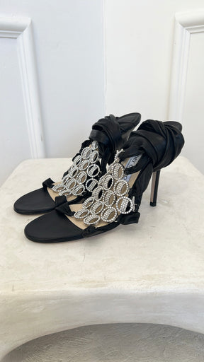 Jimmy Choo Black leather Crystal Embellished Ankle Tie Heels, 41