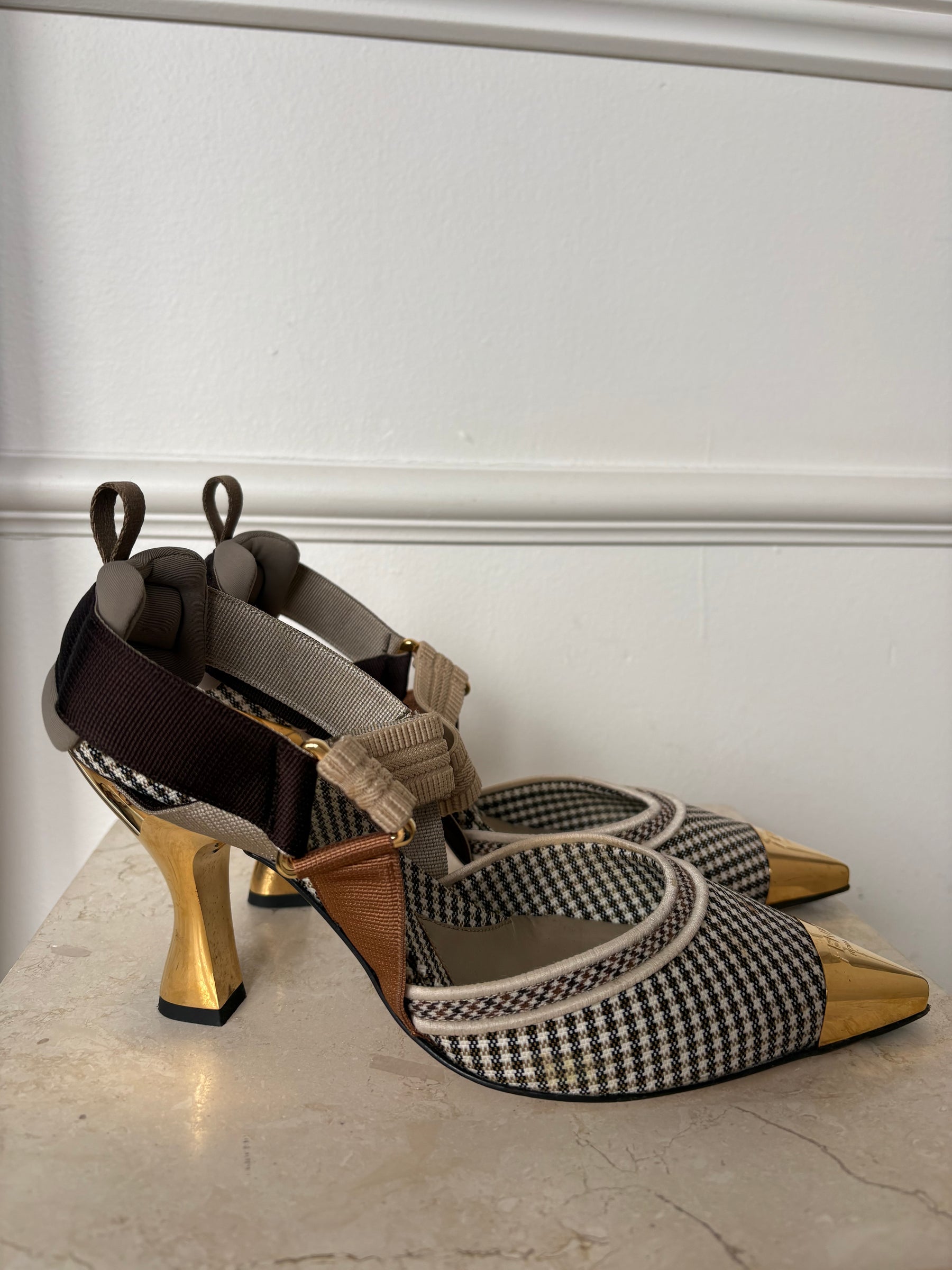 Fendi Brown and White Gingham Colibri Heels, 38