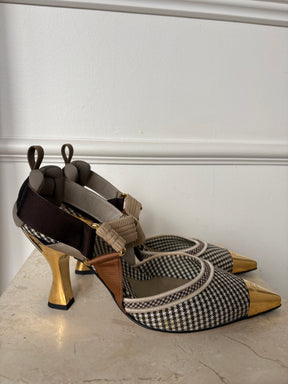 Fendi Brown and White Gingham Colibri Heels, 38