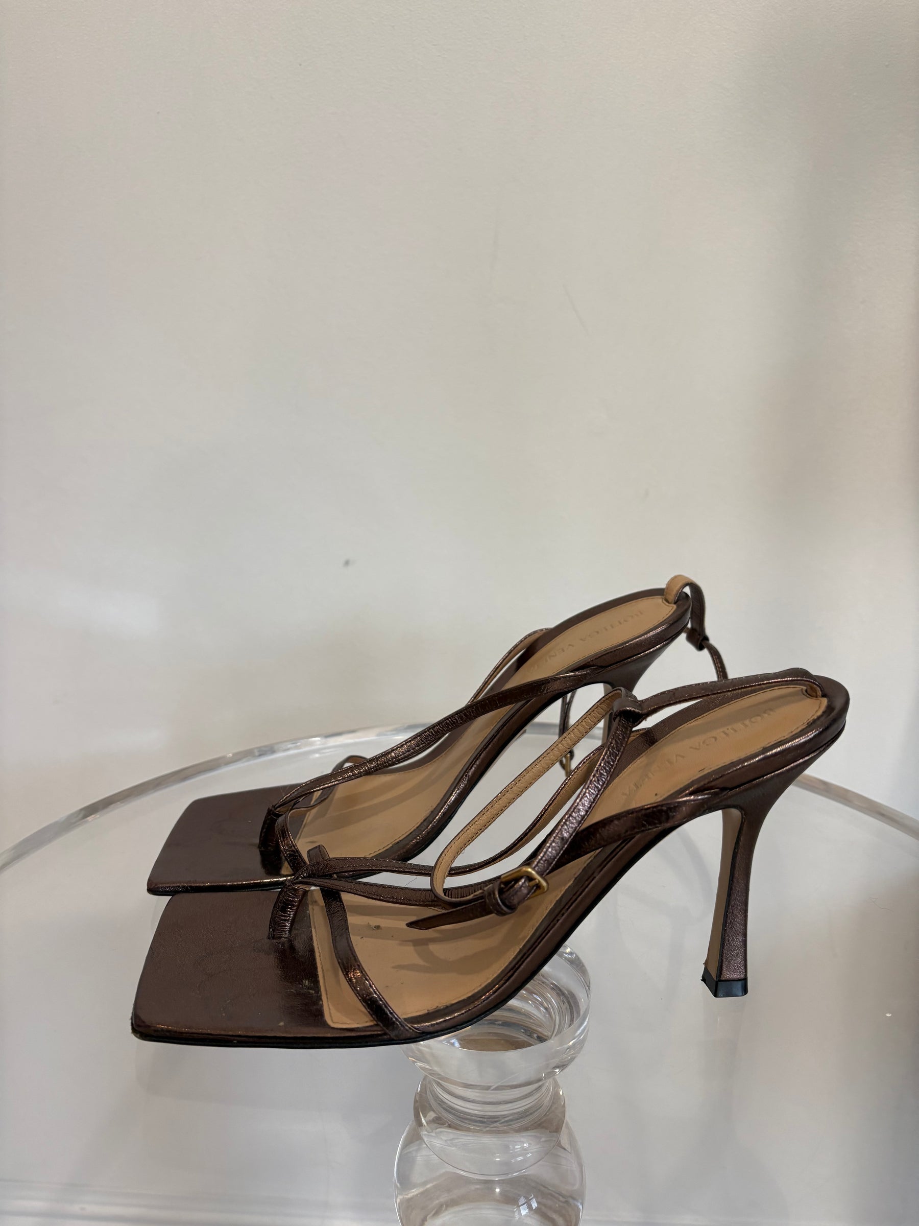 Bottega Veneta Bronze Stretch Heeled Sandal, 40