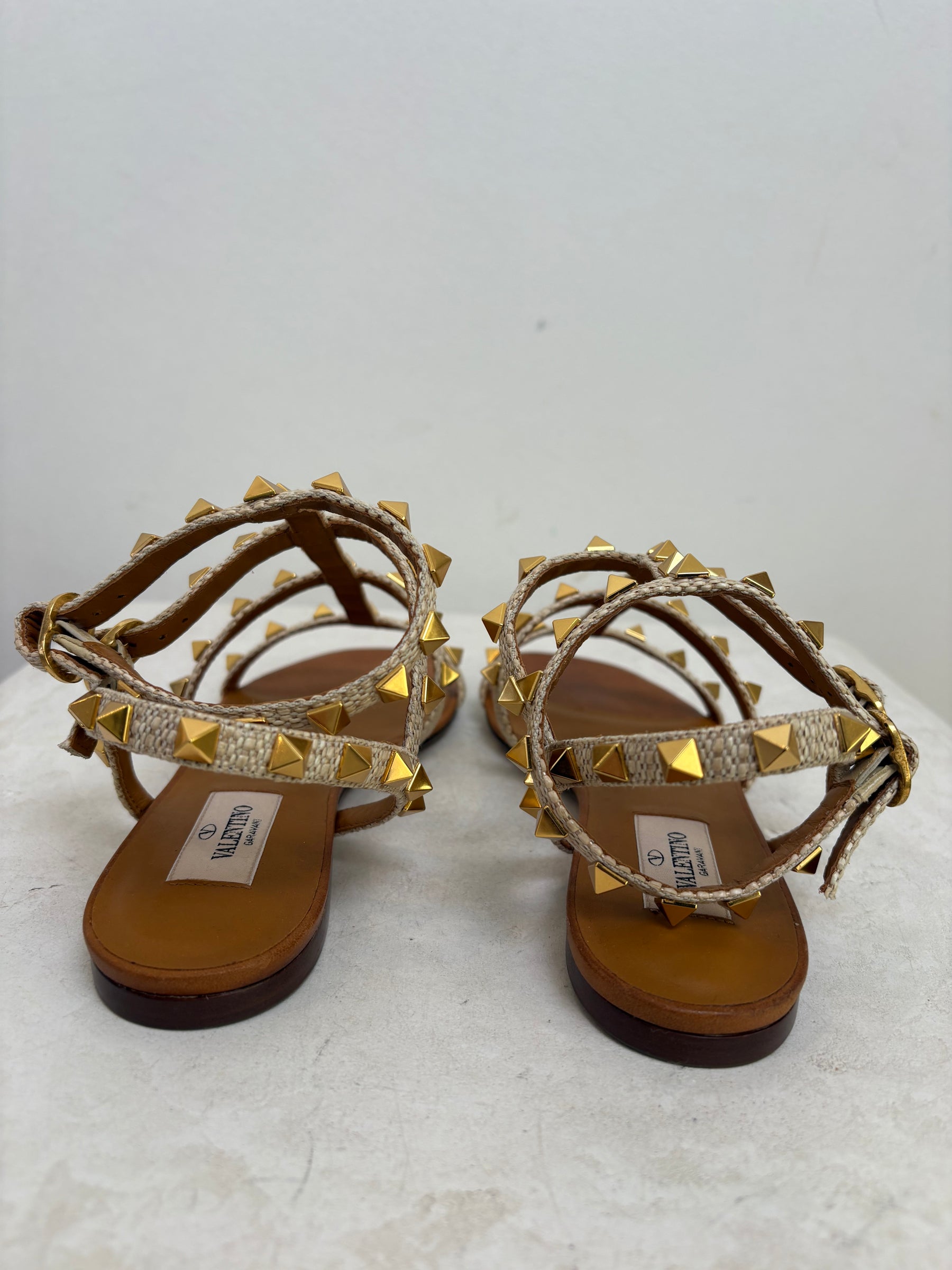 Valentino Garavani Natural Raffia Rockstud Caged Sandals, 36