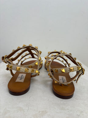 Valentino Garavani Natural Raffia Rockstud Caged Sandals, 36