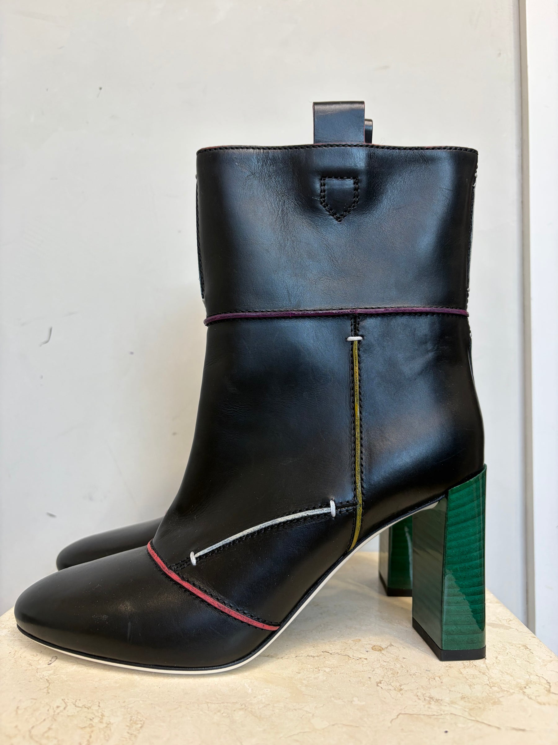 Fendi Black Leather and Multi Colour Trim Heeled Ankle Boot, 40