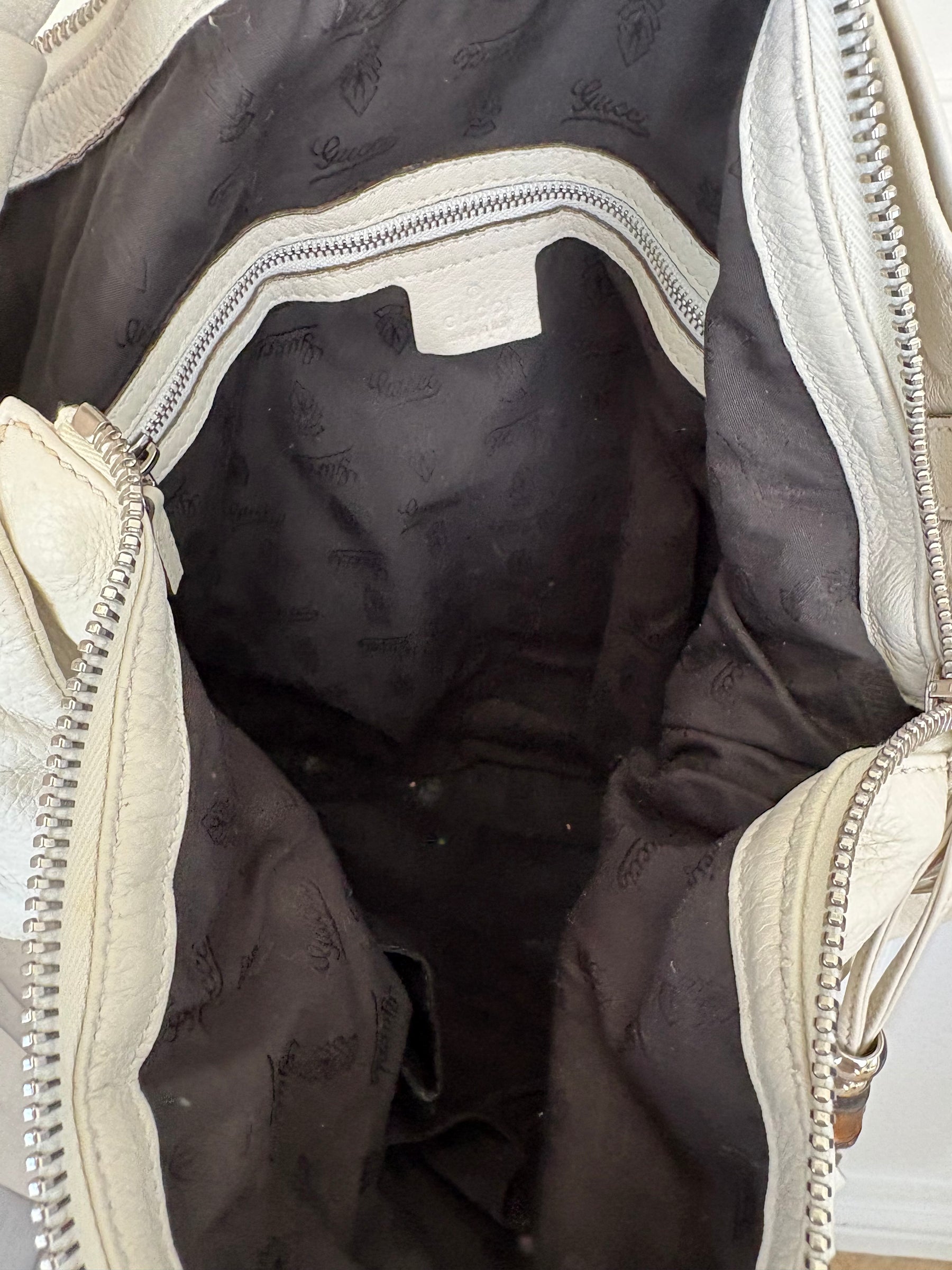 Gucci White Leather Jungle Bamboo Hobo Bag