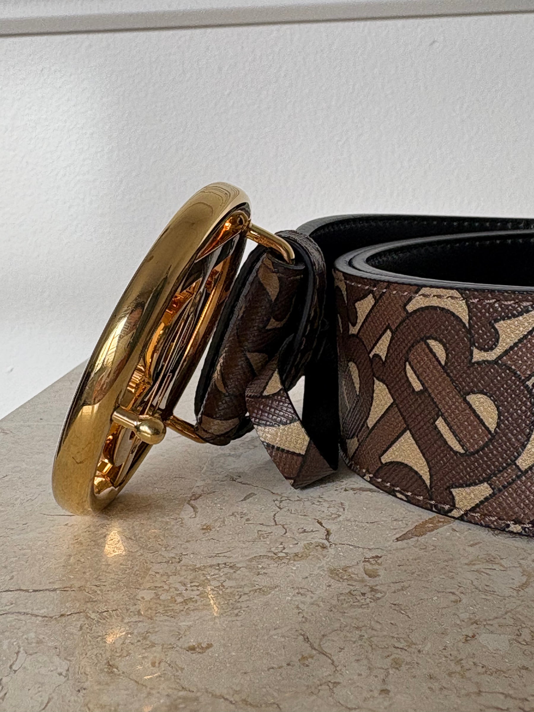 Burberrry Leather Logo Belt Gold Hardware Brown Monogram, M