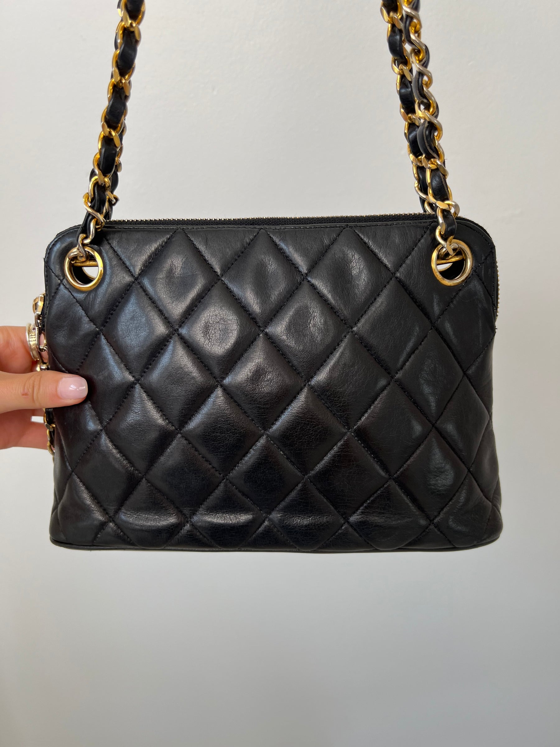 Chanel Black Leather Vintage Quilted Dome Bag