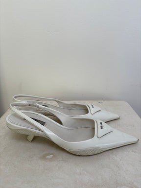 Prada Pointed Slingback Pumps In White, 38